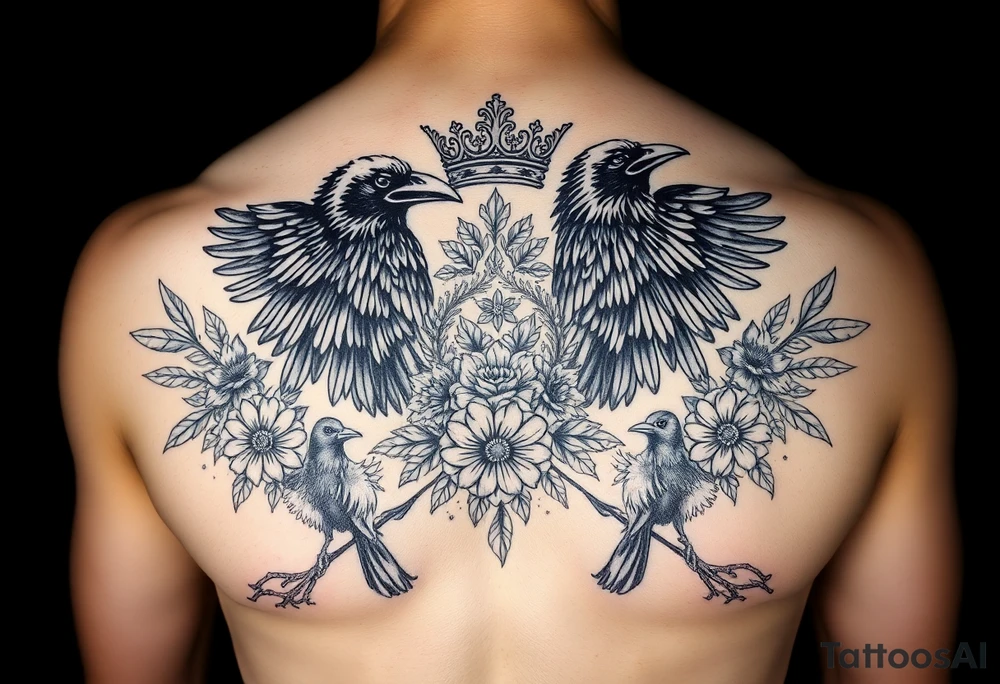 Chest tattoo,powerful majestic ravens with a crown, surrounded by floral ornaments and birds tattoo idea