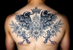 Chest tattoo,powerful majestic ravens with a crown, surrounded by floral ornaments and birds tattoo idea