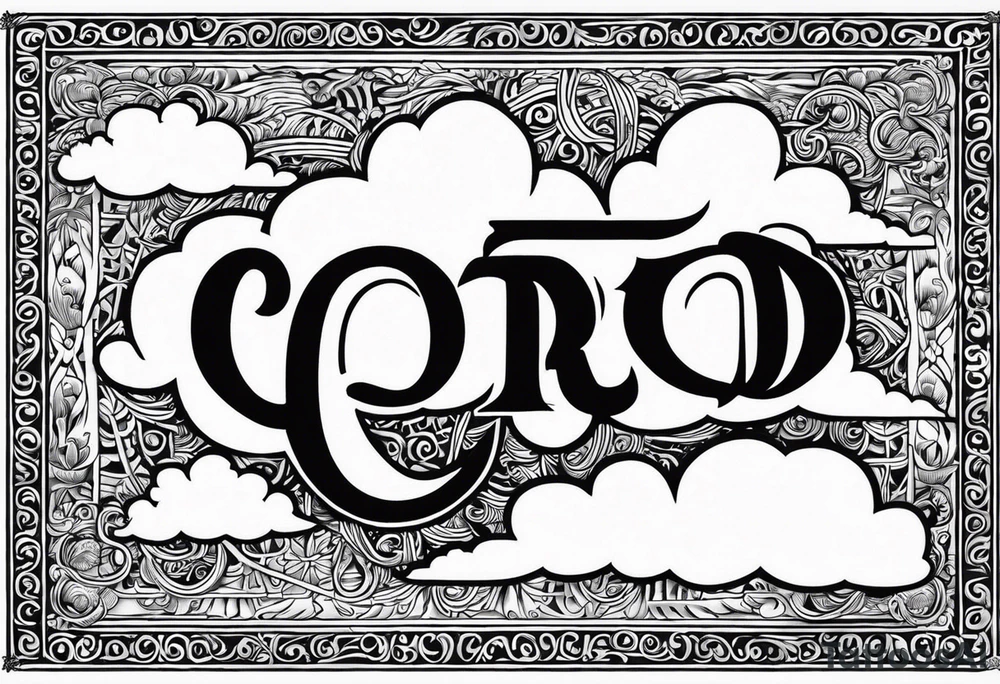 "God," utliizing Old English text. Clouds shaded in behind the text tattoo idea