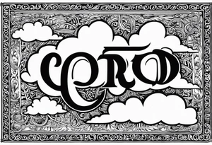 "God," utliizing Old English text. Clouds shaded in behind the text tattoo idea