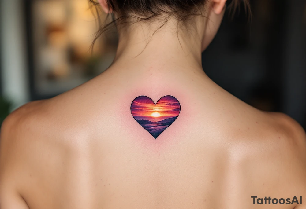 Hearts shaded with a sunset gradient of orange, pink, and purple across both shoulder blades. tattoo idea