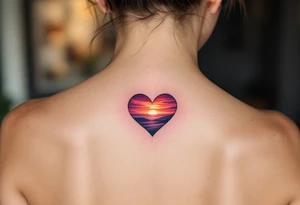 Hearts shaded with a sunset gradient of orange, pink, and purple across both shoulder blades. tattoo idea