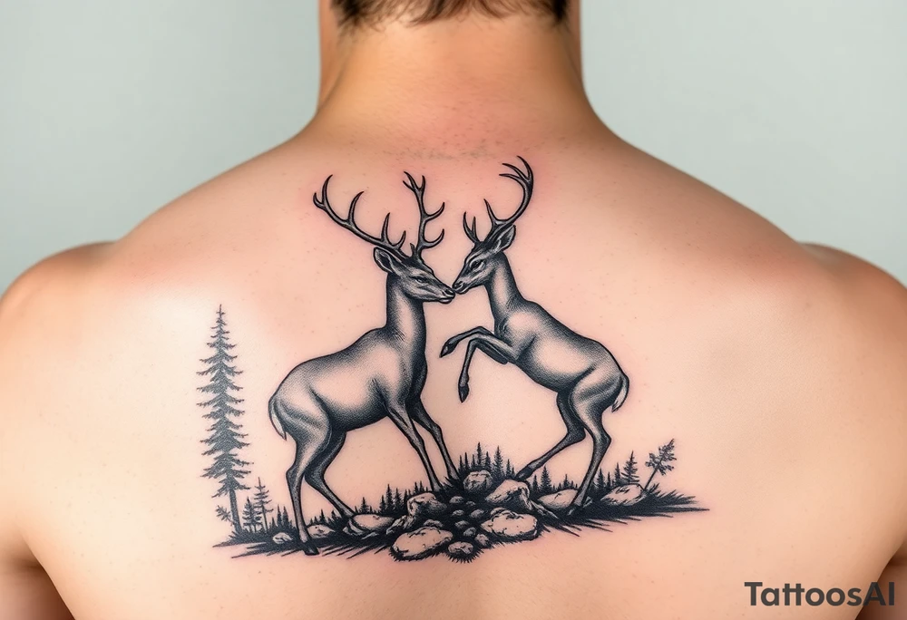 Photo realistic Vertical aligned nature scene with two deer fighting. tattoo idea
