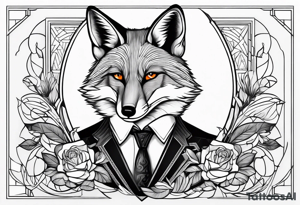 Geometric sly fox with Negroni in short lowball cocktail glass with ice and orange peel tattoo idea