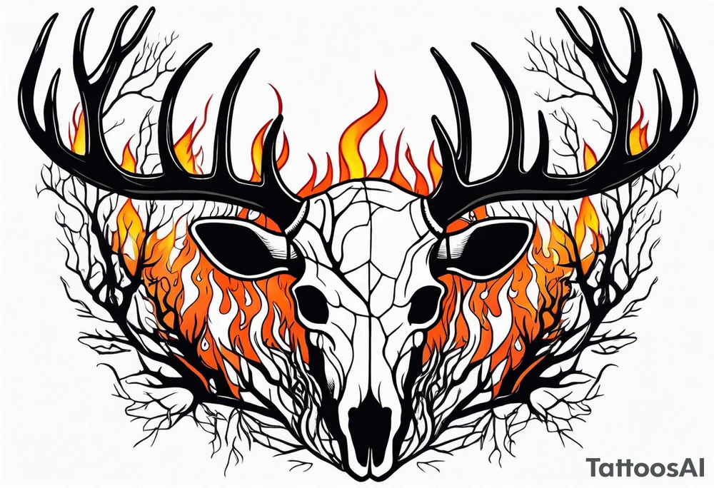 Scary side profile of a DECAYING deer skull JUST BONE surrounded by a flames and trees tattoo idea