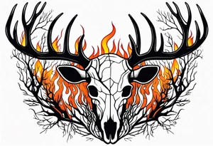 Scary side profile of a DECAYING deer skull JUST BONE surrounded by a flames and trees tattoo idea