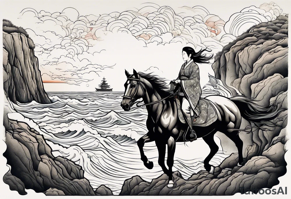 a cliff beside the sea with a horse and rider tattoo idea