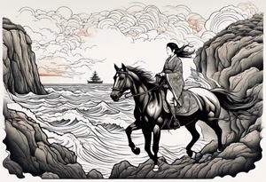 a cliff beside the sea with a horse and rider tattoo idea