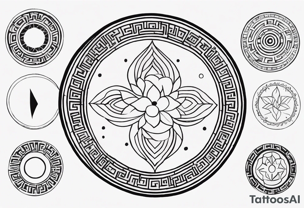 Create a minimalist round tattoo inspired by ancient greek art. In the centre should be a female holding a scroll in one hand and a feather in the other hand. Surround her with geometric patterns based on the ancient greek art style. tattoo idea