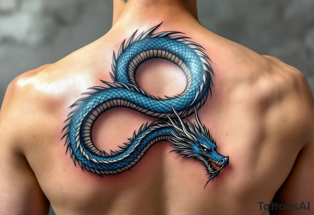 The design features a dragon, coiled in the shape of the infinity symbol (sideways number "8"). The dragon is depicted eating its own tail, symbolizing eternity and continuity, inspired by the Ouroboros.

Details:

The dragon's body has vibrant, glossy blue scales, with a smooth and polished texture.
It maintains a clean, balanced shape in the infinity figure, with sharp details and elegant flow.
Style:

The focus remains on the dragon's form, with no additional background elements to keep the design minimal and modern. tattoo idea