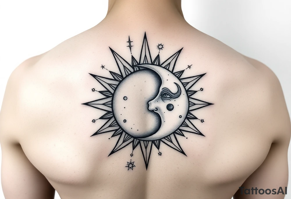 celestial sun and moon embrace with constellation patterns tattoo idea