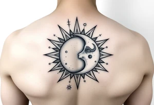 celestial sun and moon embrace with constellation patterns tattoo idea