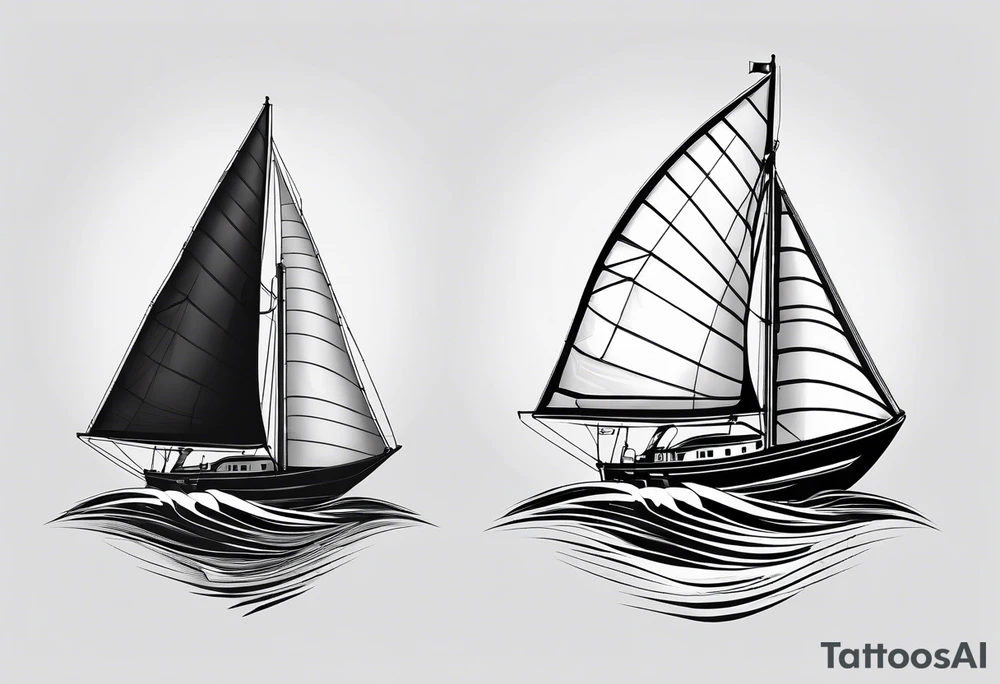 sailboat seen from the front. sail in the shape of a maritime lighthouse.phoenix drawn on the sail. tattoo idea