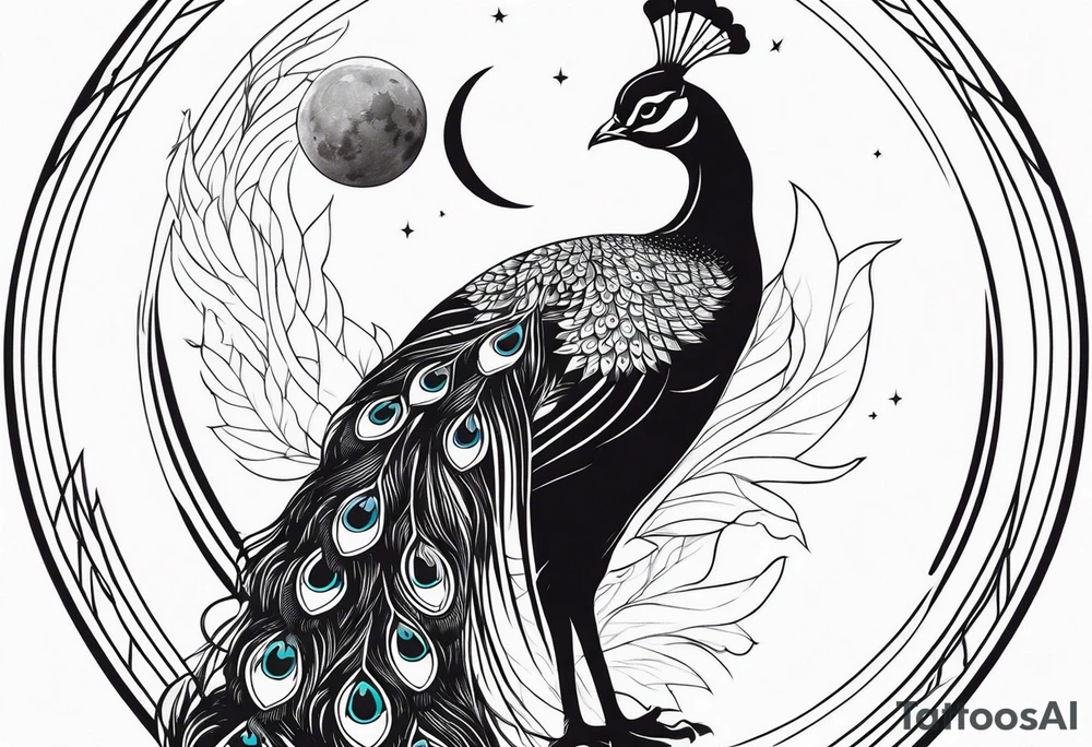 beautiful peacock with moon tattoo idea