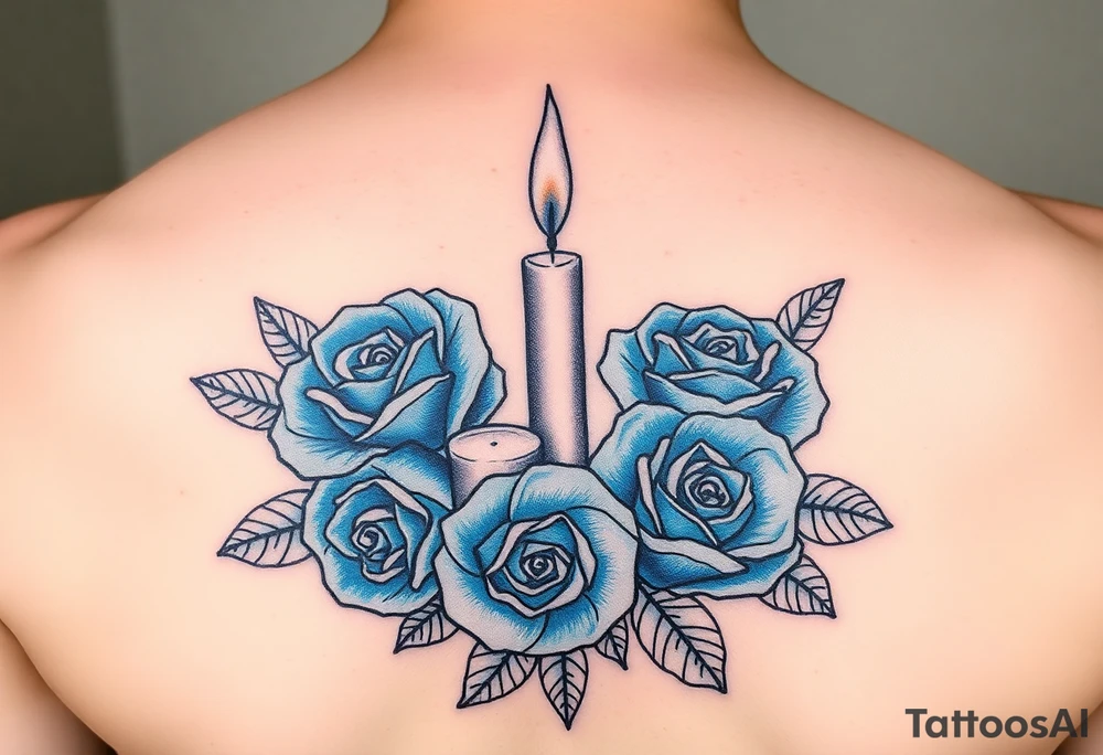 Blue roses and candles, water, fire, cartoon tattoo idea