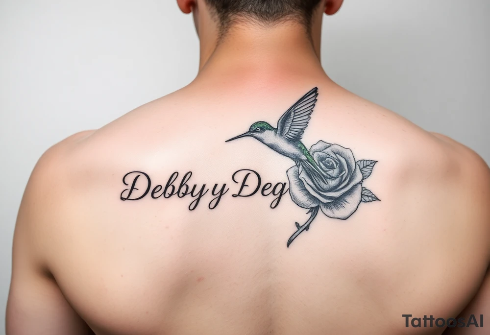 A tattoo with the name Debby Deguzman with a humming bird and a rose tattoo idea
