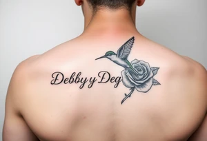 A tattoo with the name Debby Deguzman with a humming bird and a rose tattoo idea