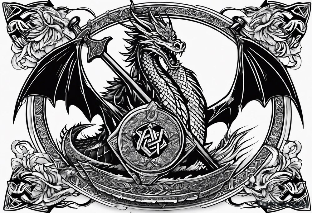 Valhalla sword shield long ship dragon head axe Valknut tattoo idea