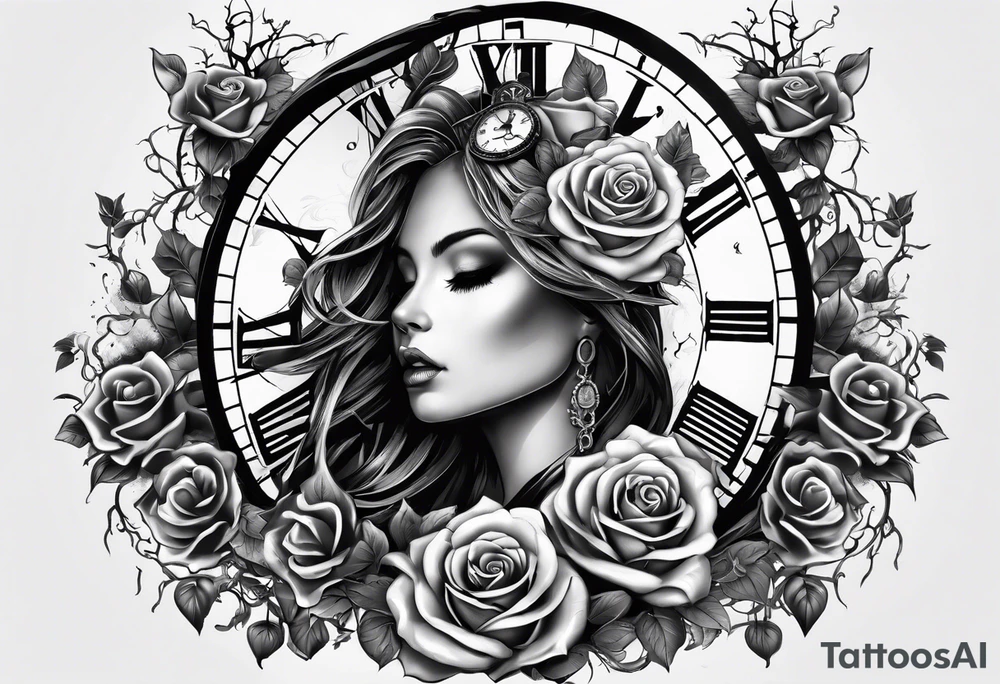 tattoo fool sleeve, tree roots break out of the chains, broken mask, clock with flying numbers, girl and skull, roses tattoo idea