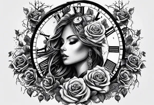 tattoo fool sleeve, tree roots break out of the chains, broken mask, clock with flying numbers, girl and skull, roses tattoo idea