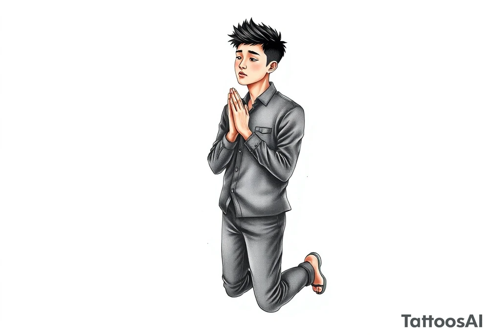 Handsome Asian young guy is standing on his knees apologising tattoo idea