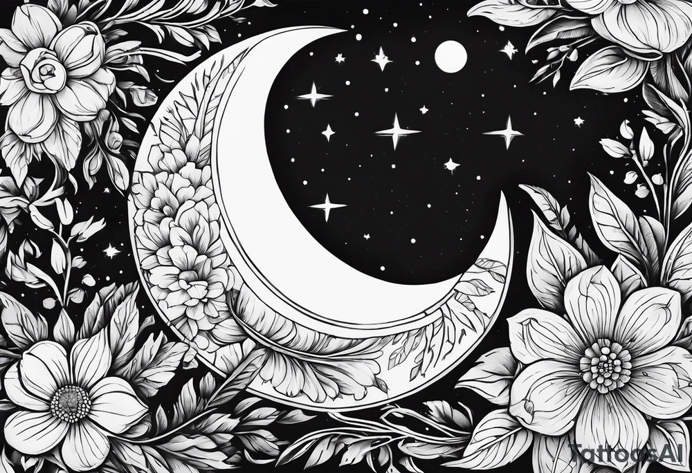 flower wrapping half around the moon tattoo idea