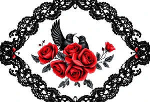 Vintage black lace, red roses, red birds, vintage, wrap around, tighter together, no space open tattoo idea