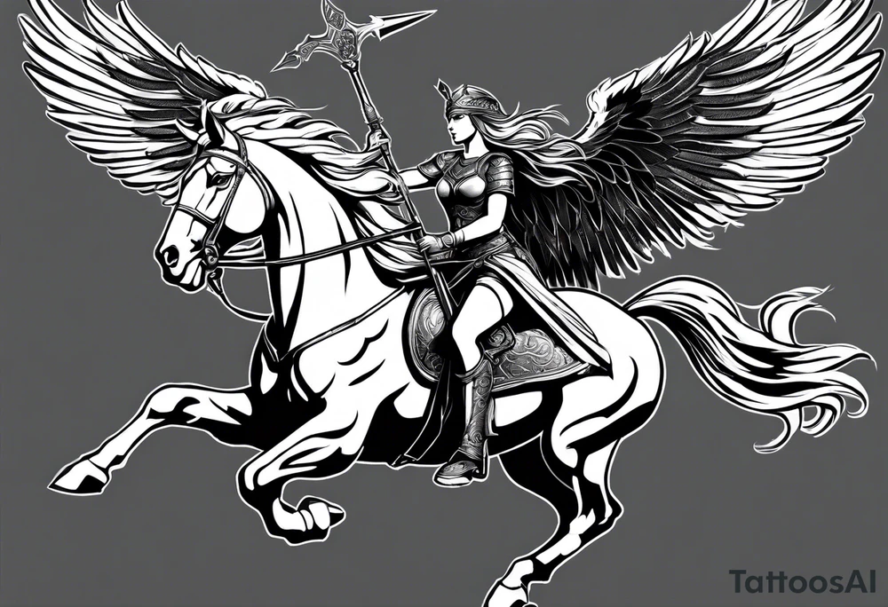 Valkyrie on winged Pegasus, flight, holding spear tattoo idea Valkyrie on winged Pegasus, flight, holding spear tattoo idea