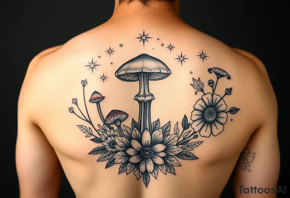 Could you possible make me a cool nature tattoo with mushrooms crystals  flowers mandala boho but colorful and psychedelic colorful too that would wrap from front of hip around side to mid back to cover an existing one I have incorporating the stars I have already and only covering some wrapping from front of hip around side to back tattoo idea
