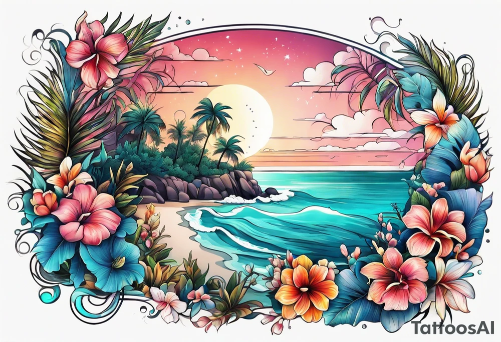 sea,, night, flower, palm, tattoo idea