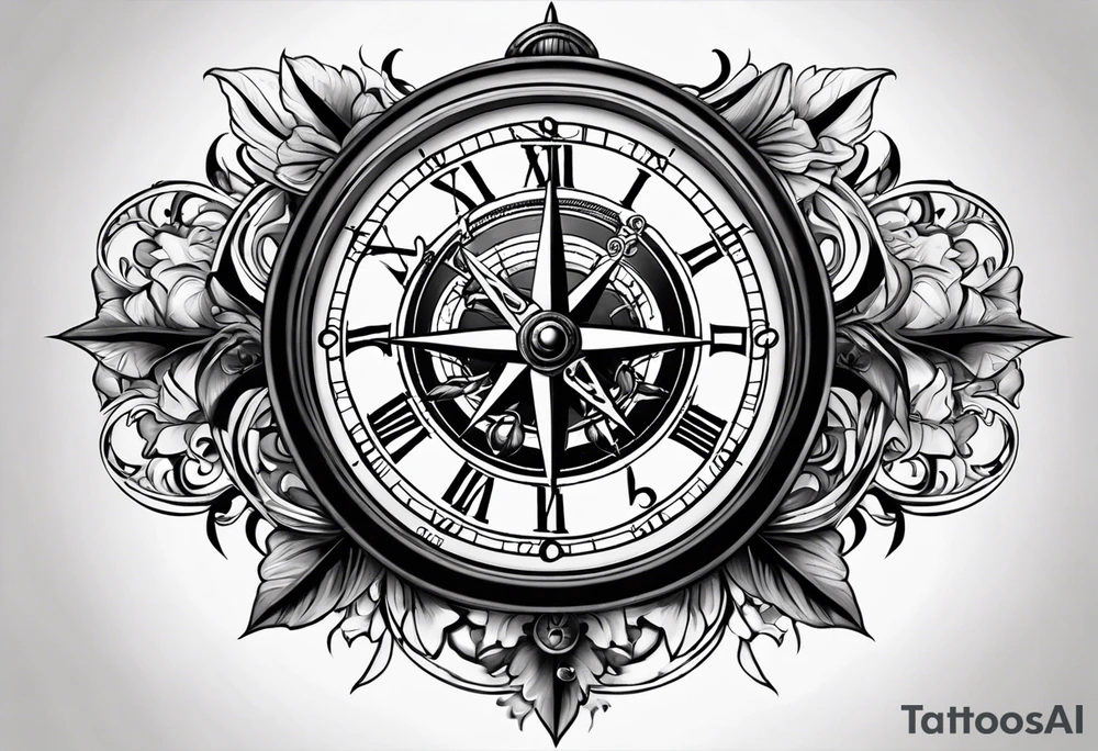 combination of a floating nautical compass and a old school clock face tattoo idea