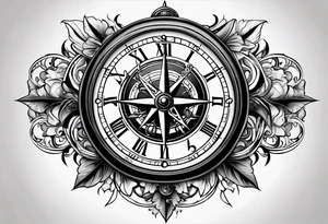 combination of a floating nautical compass and a old school clock face tattoo idea