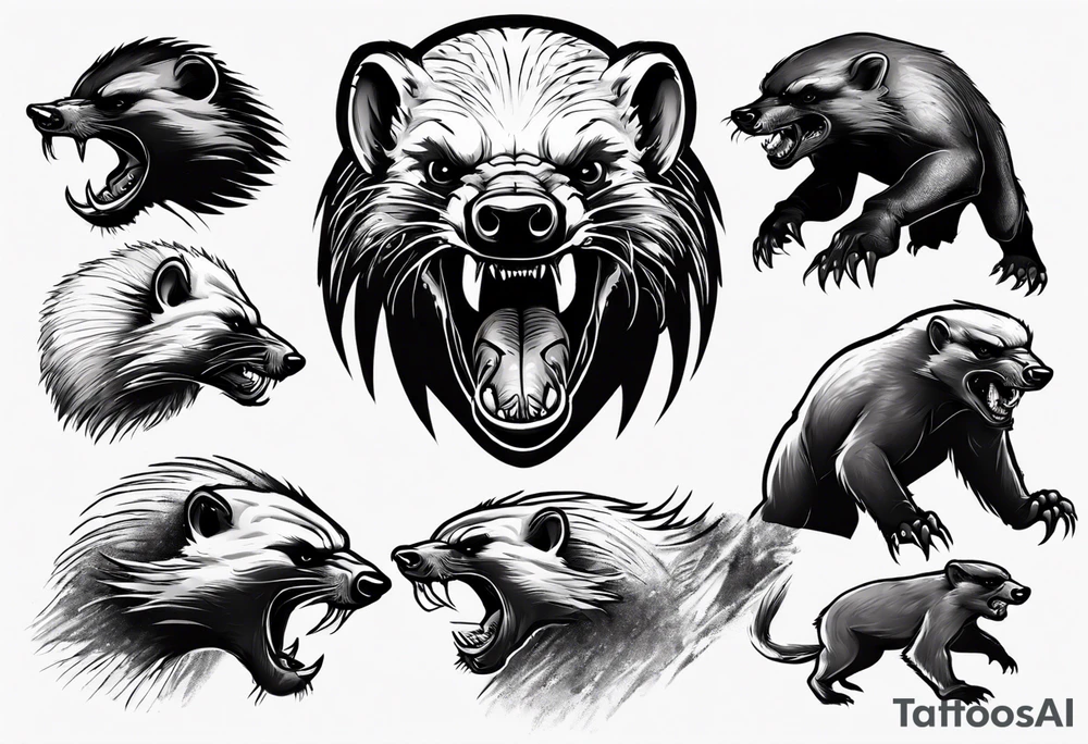 Angry, snarling, detailed honey badger facing in front tattoo idea