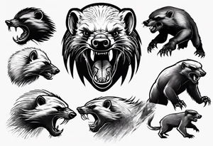 Angry, snarling, detailed honey badger facing in front tattoo idea