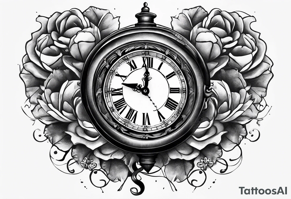 broken heart with clock in middle.
Clock hands on 8 and 5.
Never Say Never written on tattoo tattoo idea