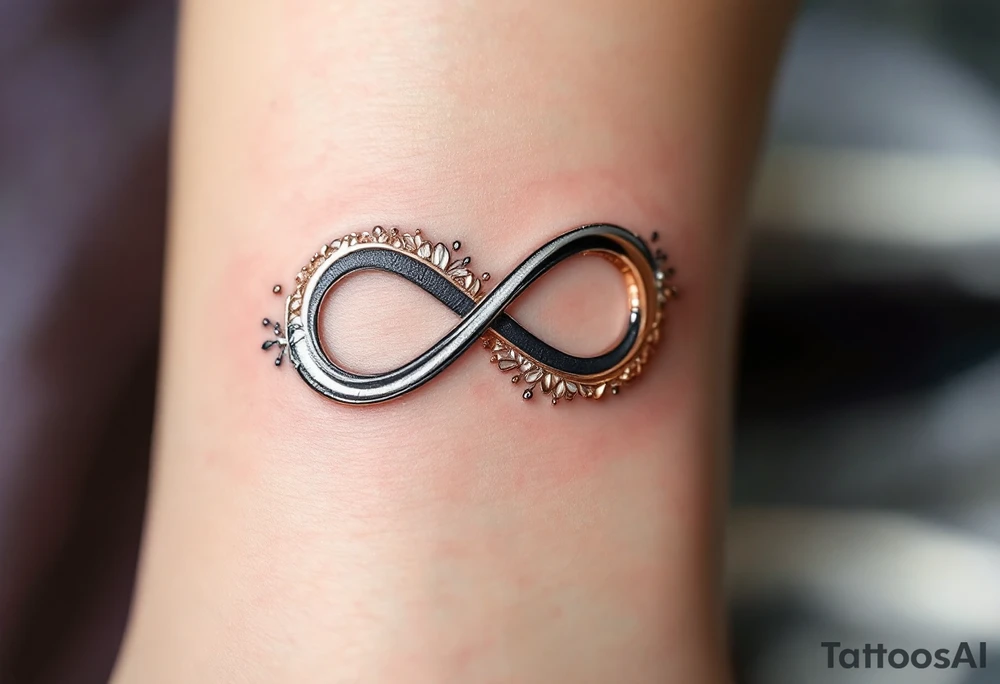 A metallic infinity symbol with engraved initials, reflecting chrome silver and rose gold, emphasizing an unbreakable bond. tattoo idea