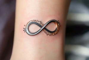 A metallic infinity symbol with engraved initials, reflecting chrome silver and rose gold, emphasizing an unbreakable bond. tattoo idea