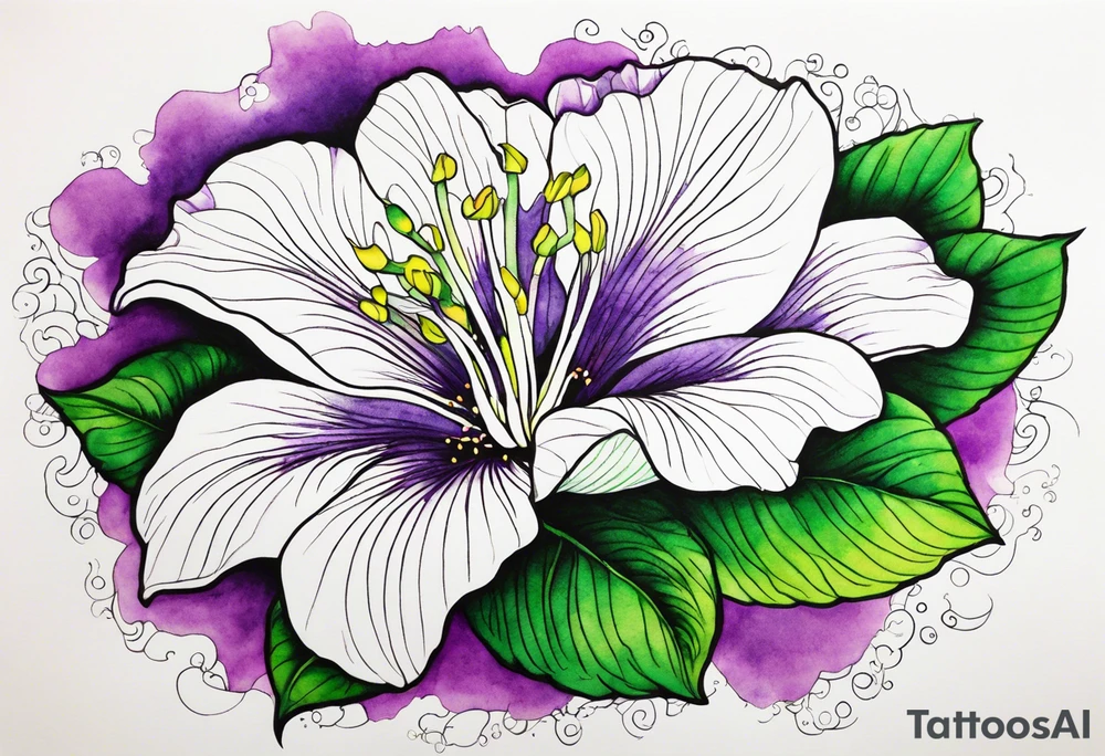 An outline of a rio dipladenia flower with a green and purple watercolor background tattoo idea