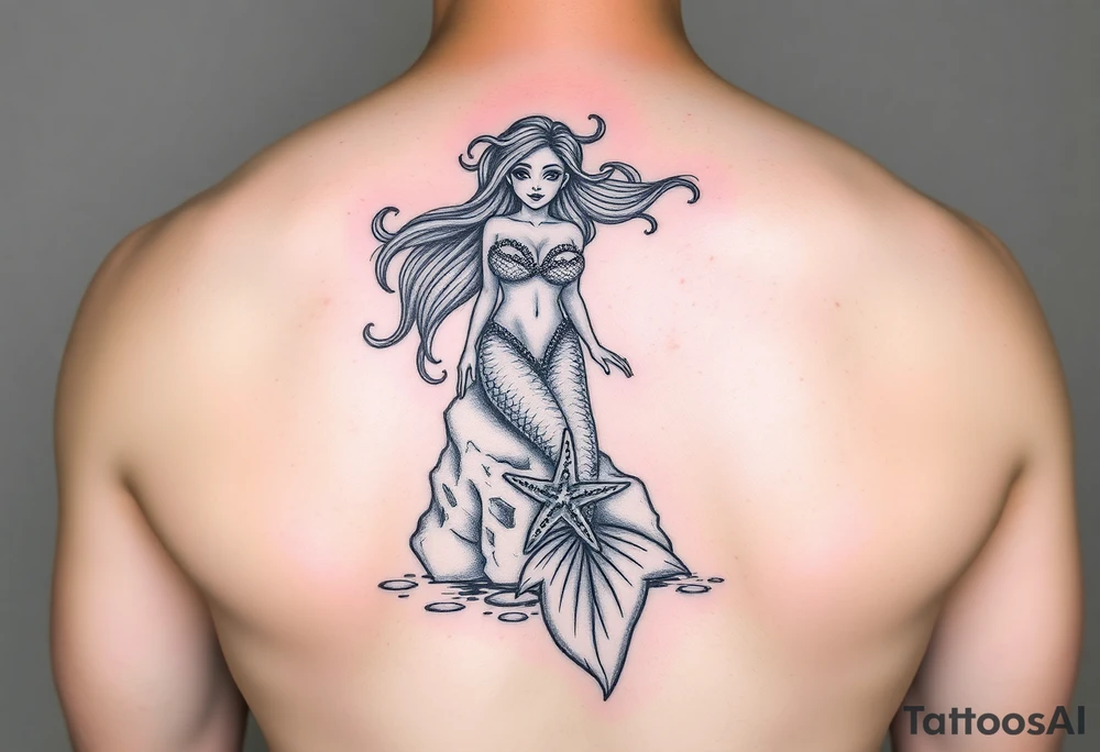 Beautiful mermaid on a rock with rainbow with a sea star bra and rainbow hair in a lagoon tattoo idea