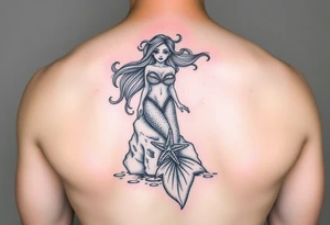 Beautiful mermaid on a rock with rainbow with a sea star bra and rainbow hair in a lagoon tattoo idea