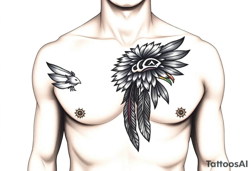 Native American chest color male left peck tattoo idea