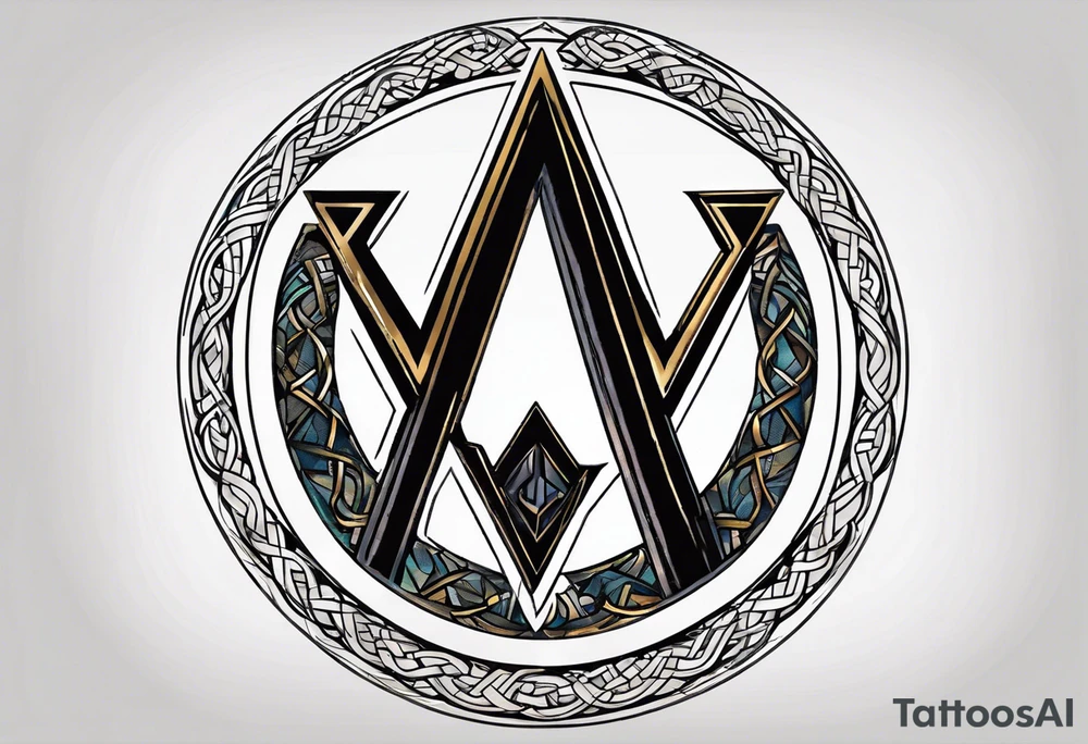 Simplistic symbol large delta inside a circle. Circle is made from chain. Shade of a letter K in a background. tattoo idea