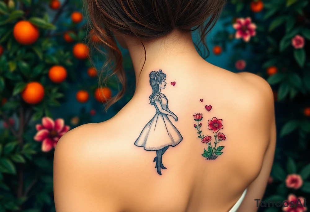 Alice's back silhouette entering a garden. There is a orange tree, and flowers there. tattoo idea