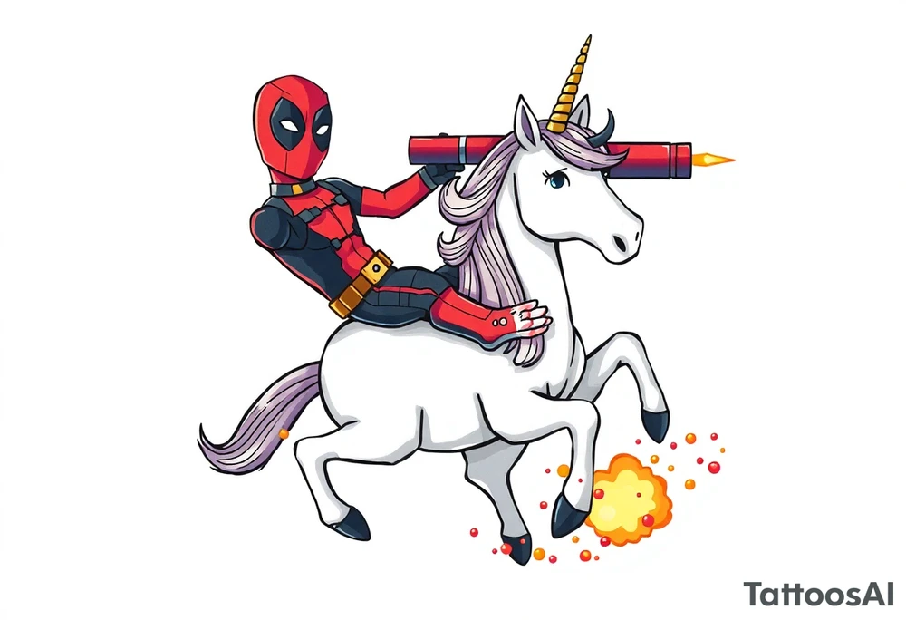 Deadpool riding a unicorn shooting Russian era rocket launcher tattoo idea
