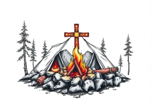 Campsite with a campfire with a cross tattoo idea