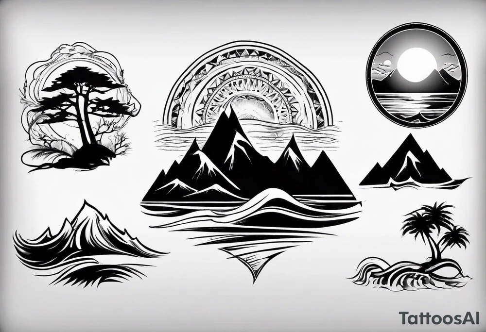 mountains, beach, waves, sunset, trees tattoo idea