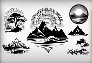 mountains, beach, waves, sunset, trees tattoo idea