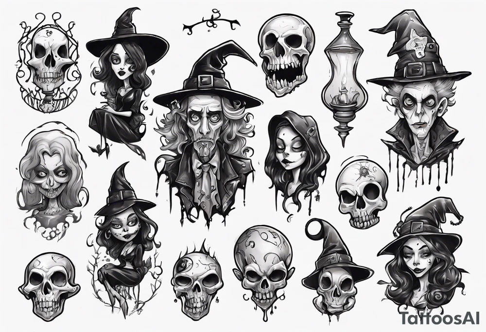 a Tim Burton-style witch necromancer tattoo idea