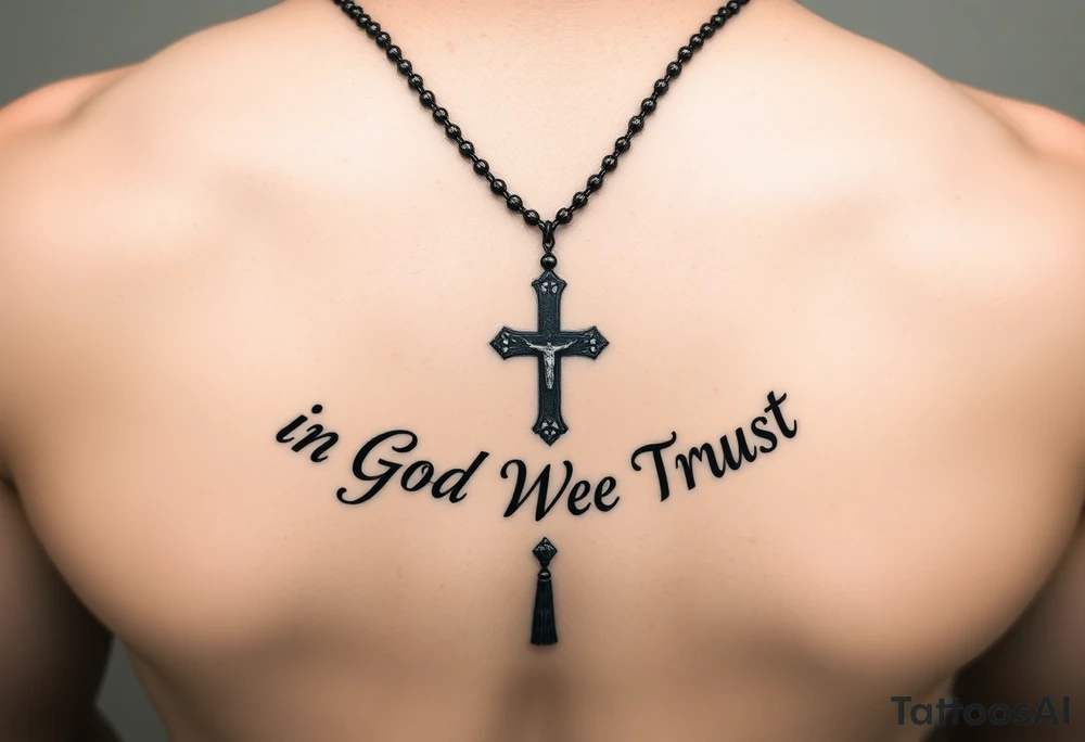 Necklace Rosary surrounded by the words "In God We Trust" tattoo idea