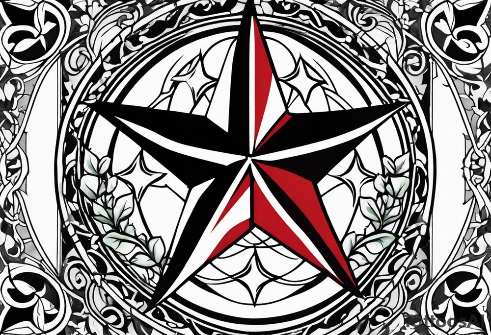 Half sleeve tattoo of the Texas star with a ring around it. Thick ivy in the background. Design bordered with thick lines on the top and bottom. Black with red highlights tattoo idea